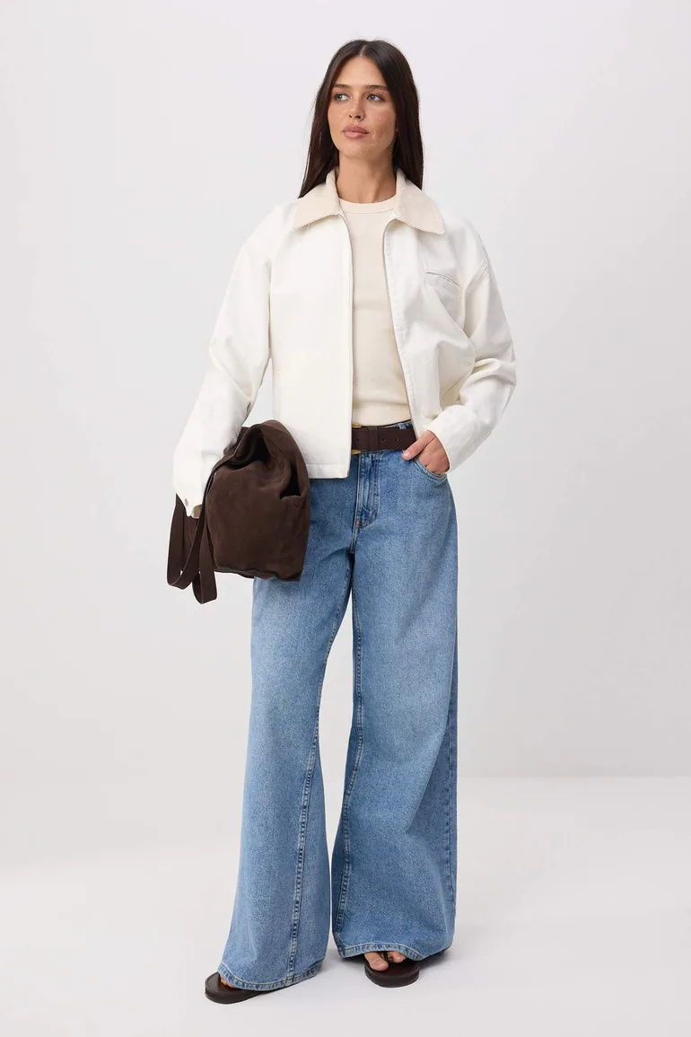 White Ecru Velvet Collar Detail Oversized 100% Cotton Denim Jacket Jacket