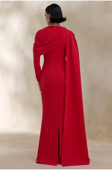 Heliora | Red V-Neck Maxi Dress With Sash And Draped-Detail