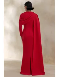 فستان ماكسي بثنيات بياقة V بحزام طويل - 1