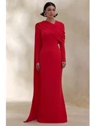 فستان ماكسي بثنيات بياقة V بحزام طويل - 3