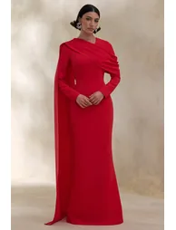 فستان ماكسي بثنيات بياقة V بحزام طويل - 4