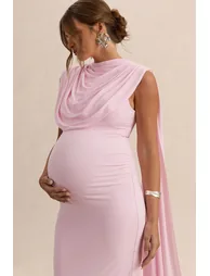 Milaine | Light Pink Round-Neck Maternity Midi Dress With Cape Sleeves - 2