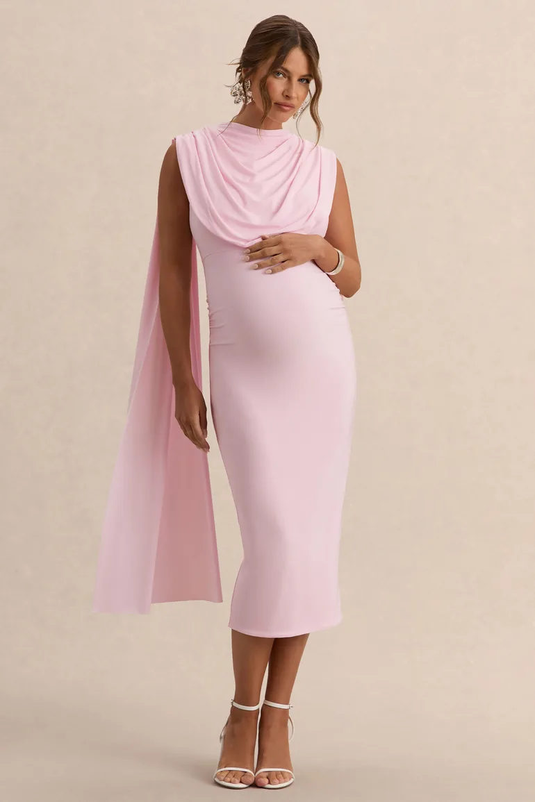 Milaine | Light Pink Round-Neck Maternity Midi Dress With Cape Sleeves