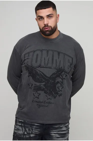 Plus Oversized Extended Neck Washed Western Long-sleeved Print T-Shirt - charcoal