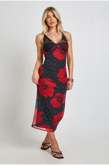 Polka Dot Floral Print Bodycon Dress With Lace Cup Detail - black