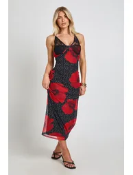 Polka Dot Floral Print Bodycon Dress With Lace Cup Detail - black