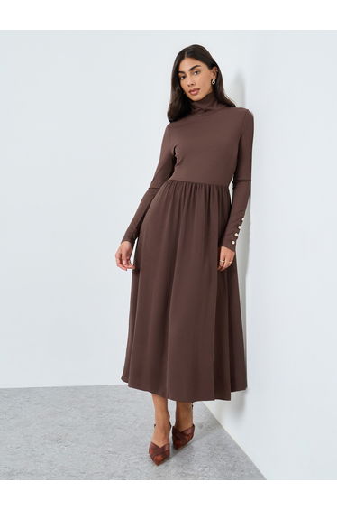 Brown Ribbed Turtle Neck Midi Dress
