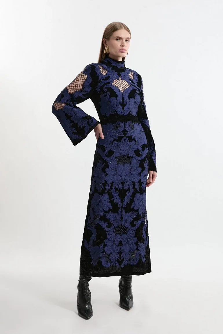 Velvet Applique & Beaded Woven Column Dress