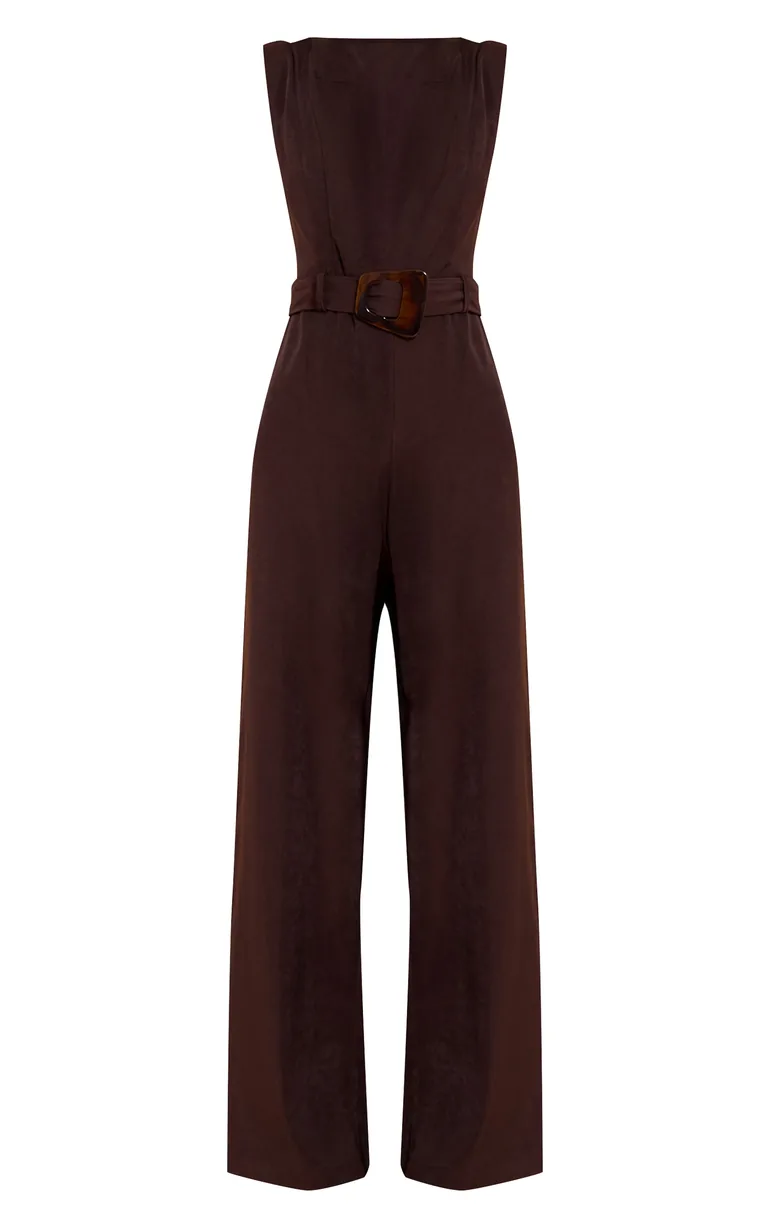 Chocolate Woven Boat Neck Straight Leg Jumpsuit - 4