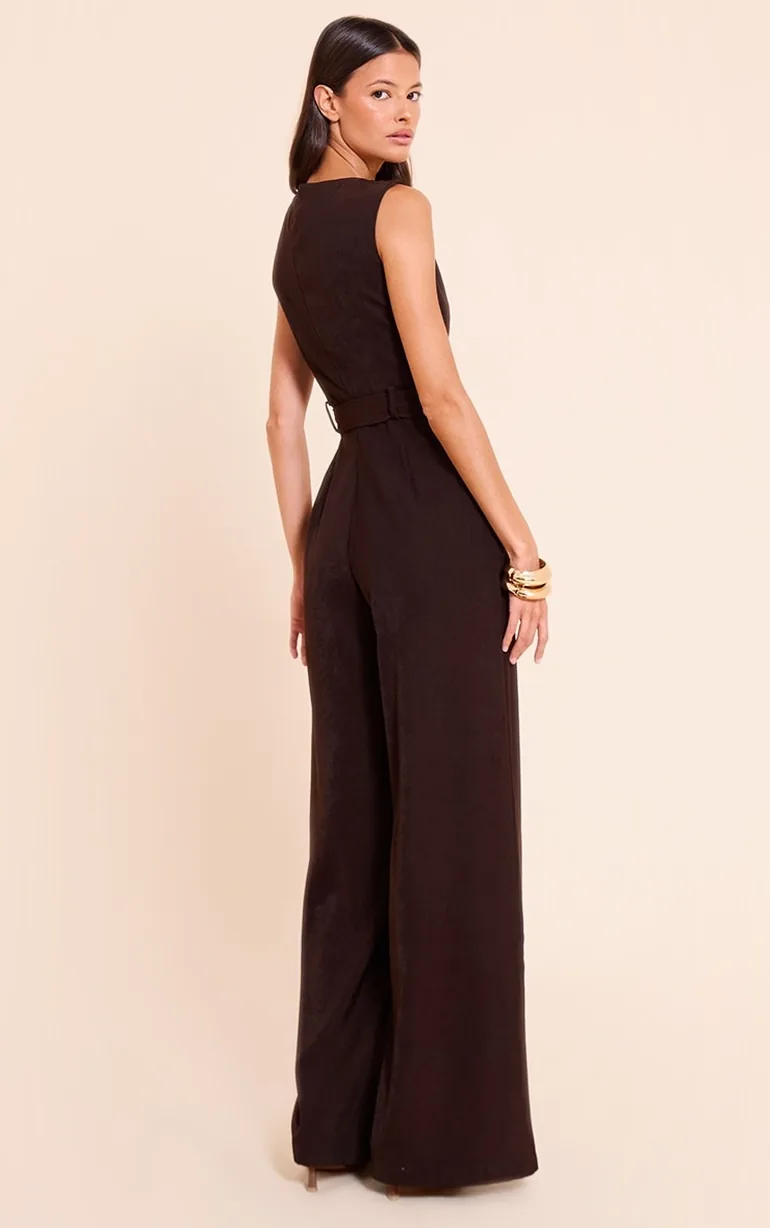 Chocolate Woven Boat Neck Straight Leg Jumpsuit - 1