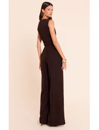 Chocolate Woven Boat Neck Straight Leg Jumpsuit - 1