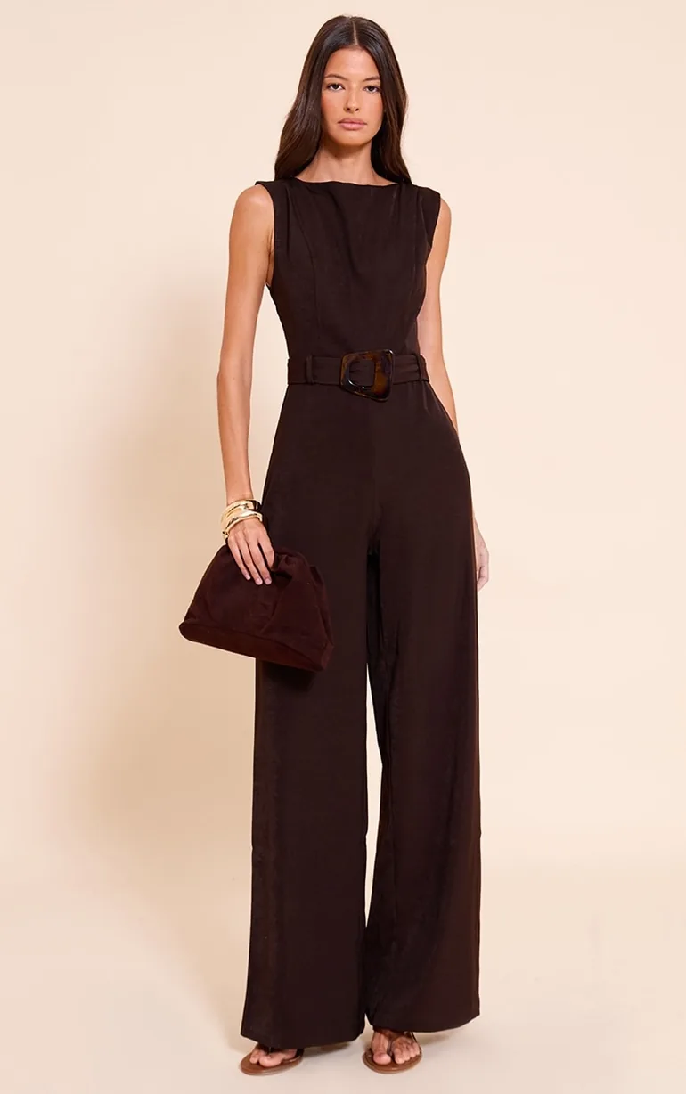 Chocolate Woven Boat Neck Straight Leg Jumpsuit - 2
