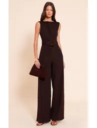 Chocolate Woven Boat Neck Straight Leg Jumpsuit - 2