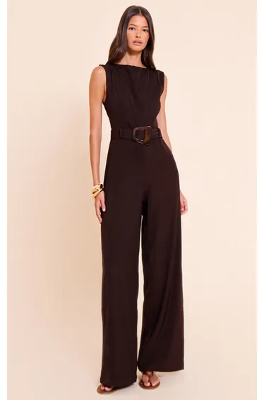 Chocolate Woven Boat Neck Straight Leg Jumpsuit