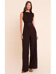 Chocolate Woven Boat Neck Straight Leg Jumpsuit