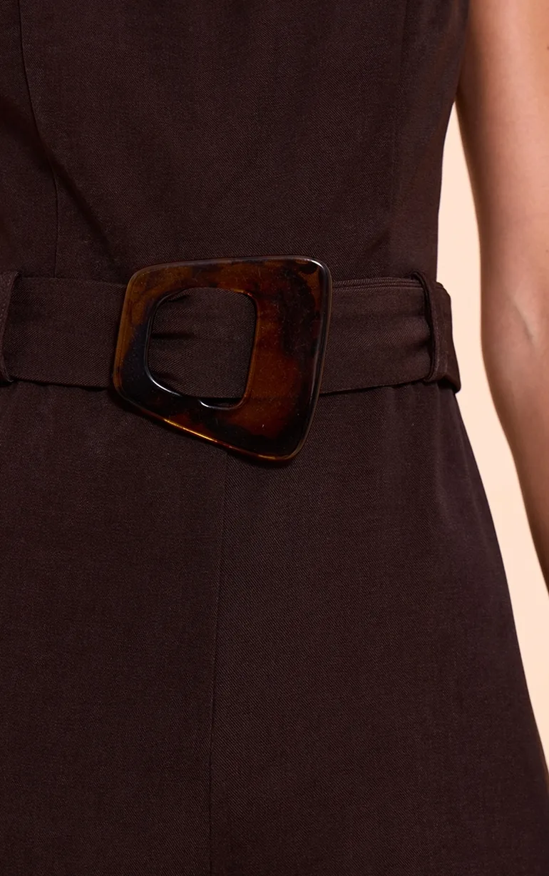 Chocolate Woven Boat Neck Straight Leg Jumpsuit - 3