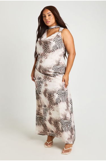 Plus Mixed Animal Scarf Detail Chiffon Maxi Dress - cream
