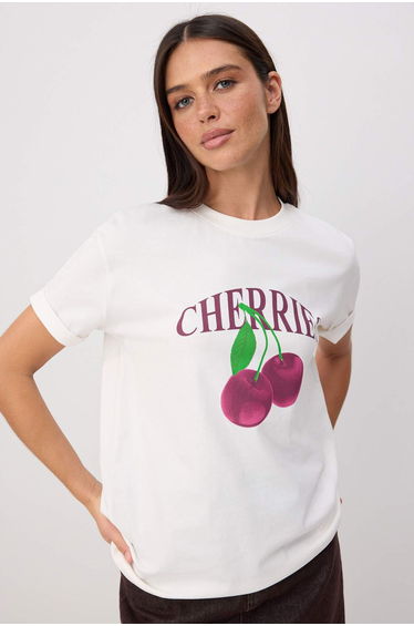 Ecru Cherry Printed Oversize/Wide Fit Short Sleeve 100% Cotton Knitted T-Shirt