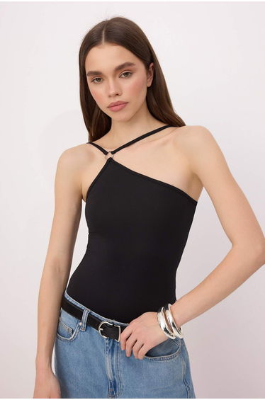 Black Body-Fitting Asymmetric Collar Thin Strap Sleeveless Stretchy Knitted Bodysuit