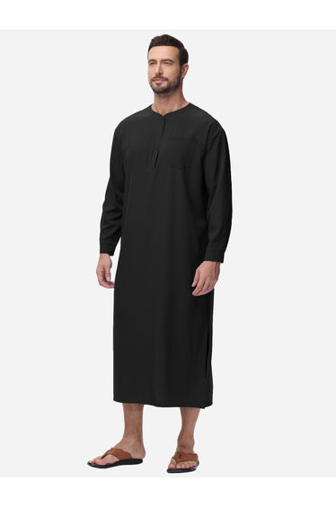 Solid Round Neck Button Front Long Sleeve Robe