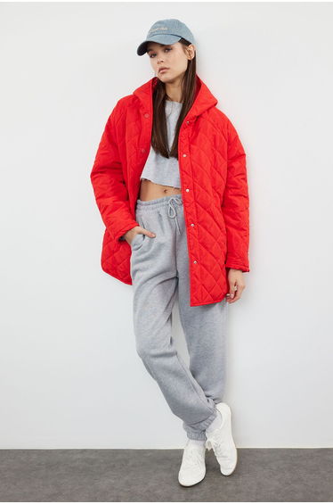 Red Hooded Water Repellent Quilted Coat