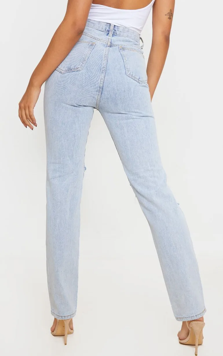 Light Wash Distressed Straight Leg Jeans - 2