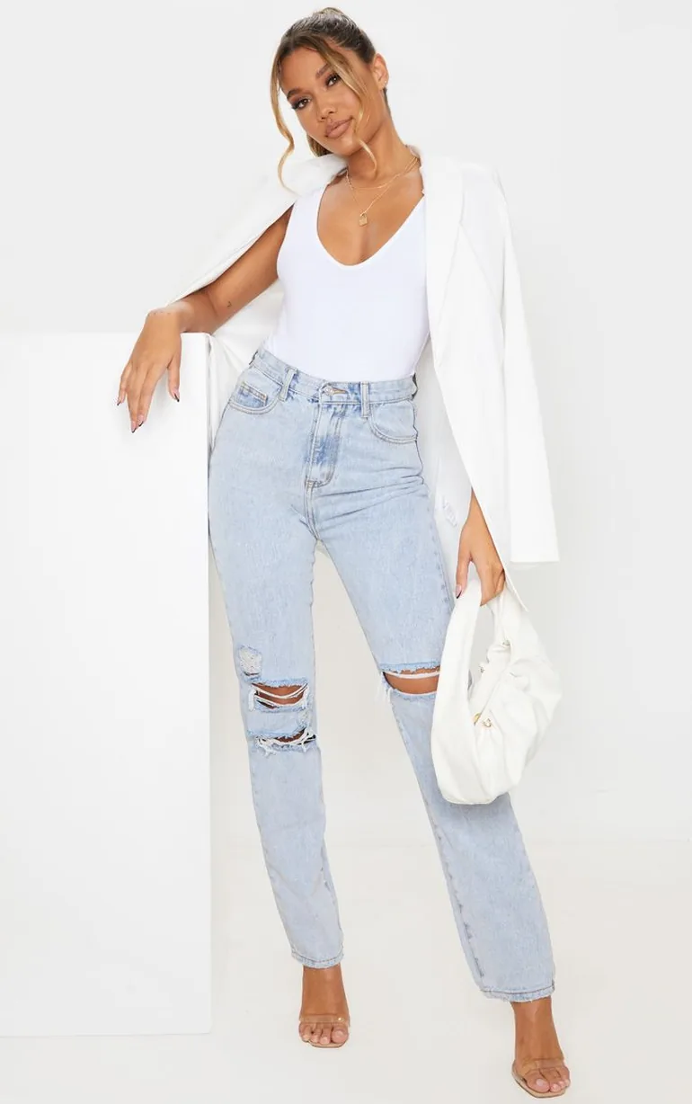 Light Wash Distressed Straight Leg Jeans