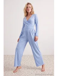 Light Blue Lace Detailed Double Breasted Viscose Knitted Pajama Set - 1