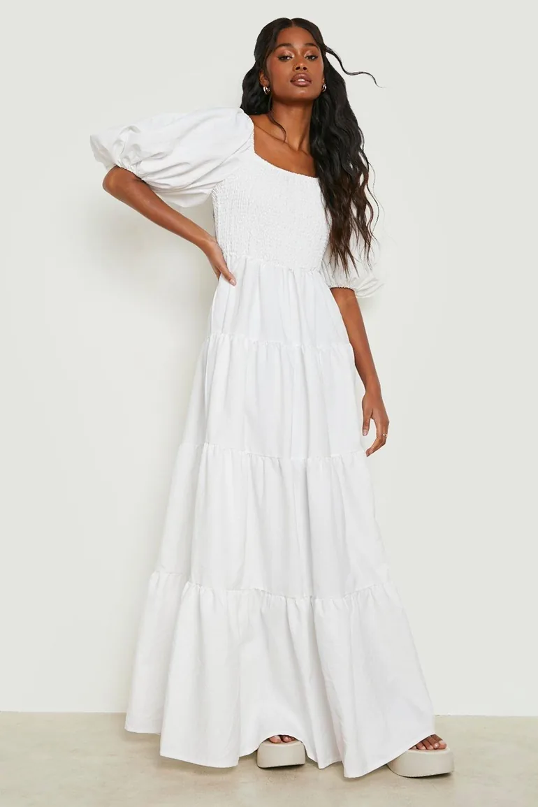 Extreme Puff Sleeve Shirred Maxi Smock Dress - white - 2