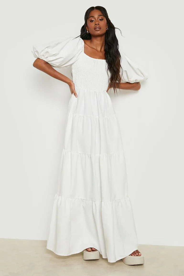 Extreme Puff Sleeve Shirred Maxi Smock Dress - white
