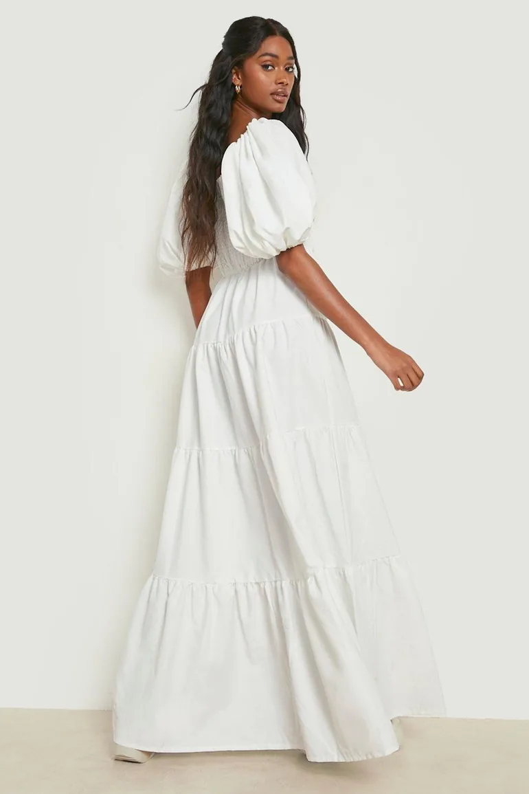 Extreme Puff Sleeve Shirred Maxi Smock Dress - white - 1