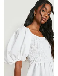 Extreme Puff Sleeve Shirred Maxi Smock Dress - white - 3