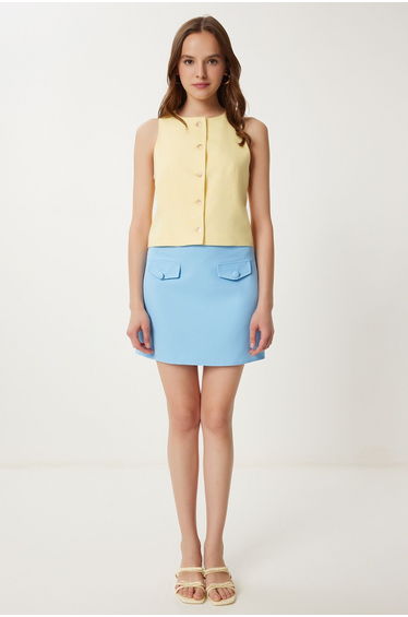 Women's Sky Blue Pocket Detailed Mini Woven Skirt