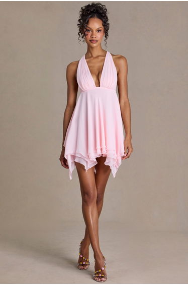 Premium Chiffon Plunge-Neck Open-Back Mini Dress in Baby Pink