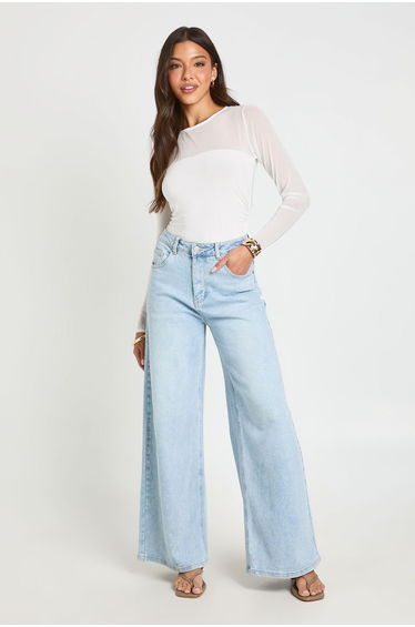 Mesh Panel Front Long Sleeve Bodysuit - white