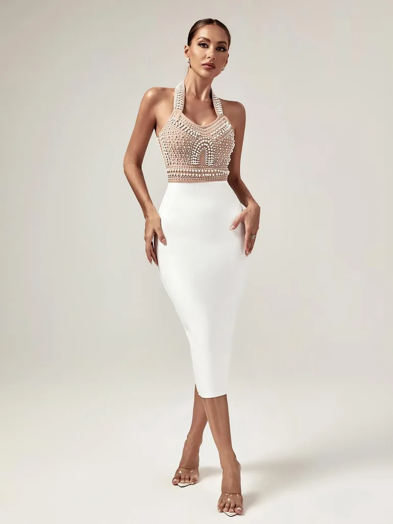 Isabella Halterneck Pearls Bandage Dress In Beige Mew Mews Multicolour :  Premium Dresses : VogaCloset Oman