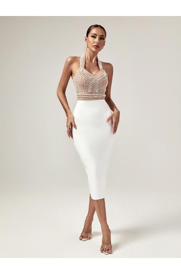 Isabella Halterneck Pearls Bandage Dress In Beige