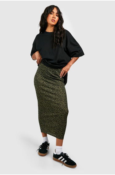 Leopard Ribbed Skirt - khaki