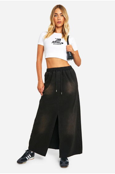 Washed Black Elasticated Waist Maxi Skirt
