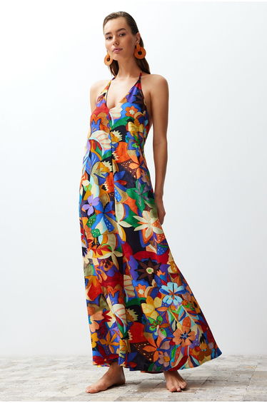Floral Pattern Maxi Woven Decollete Backless Beach Dress