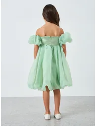 Girls Green Puff Sleeve Bow Detail Dress - 5