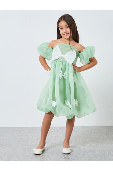 Girls Green Puff Sleeve Bow Detail Dress