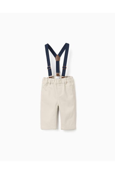 Twill trousers with removable braces for newborn boys, light beige