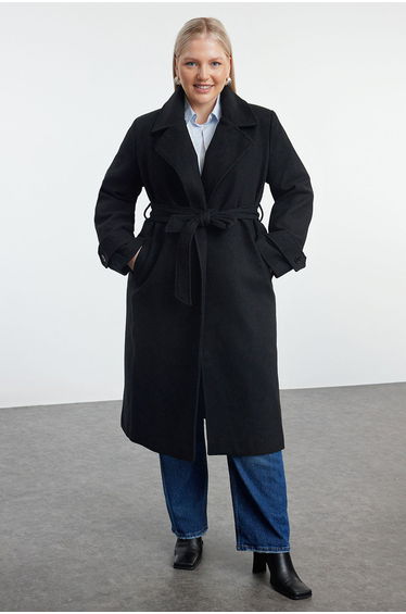 Black Regular Fit Wide Collar Detailed Long Wool Blend Cashew Coat