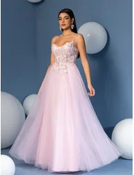 Leely Light Pink Tulle Gown with 3D Floral Details, Spaghetti Straps, and a Full Skirt Dress