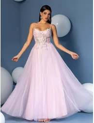 Leely Light Pink Tulle Gown with 3D Floral Details, Spaghetti Straps, and a Full Skirt Dress - 3