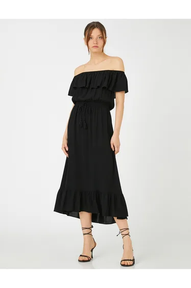 Midaxi Length Viscose Dress Off Shoulder Flounce Tie Waist