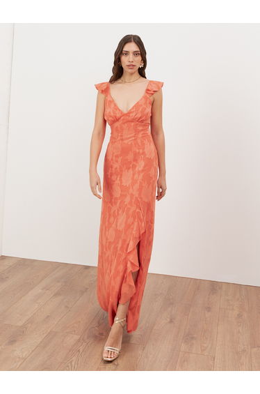 Anaya With Love Recycled Coral Floral Burnout Strappy V Neck Maxi Dress with Skirt Split & Ruffle Detail