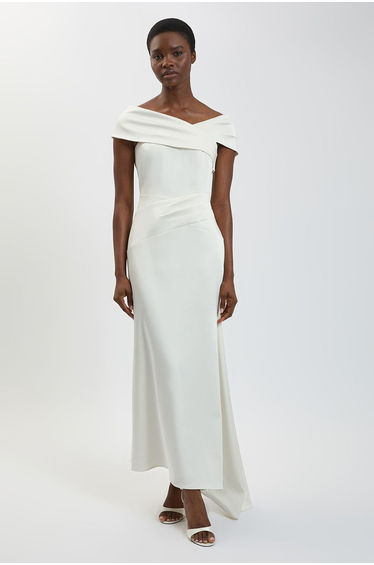 Petite Tailored Satin Drape Asymmetric Maxi Fishtail Dress
