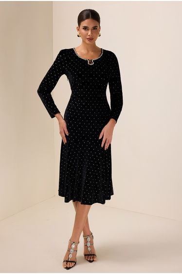 Yaëlle Velvet Rhinestone Midi Dress in Black